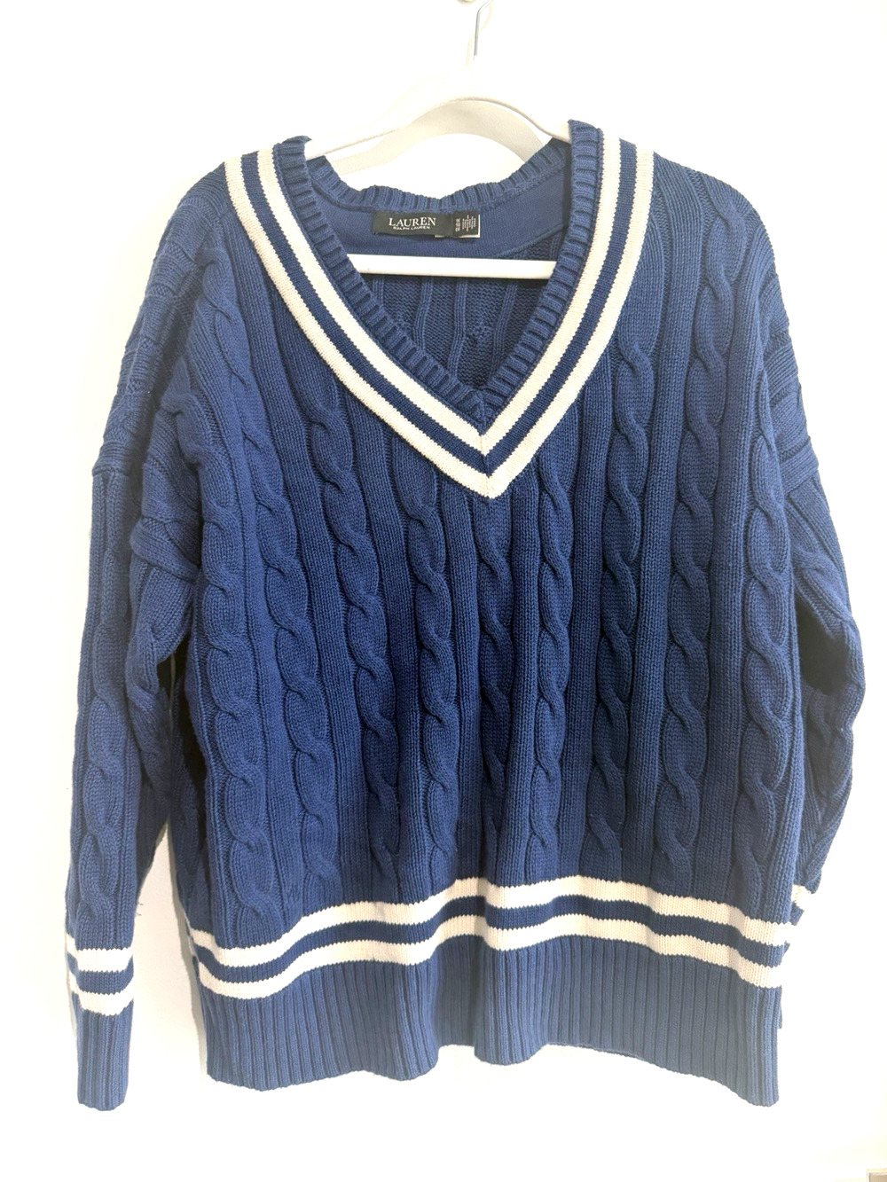 Lauren Ralph Lauren Cricket Sweater Navy Varsity Cable V Neck black label- 1X